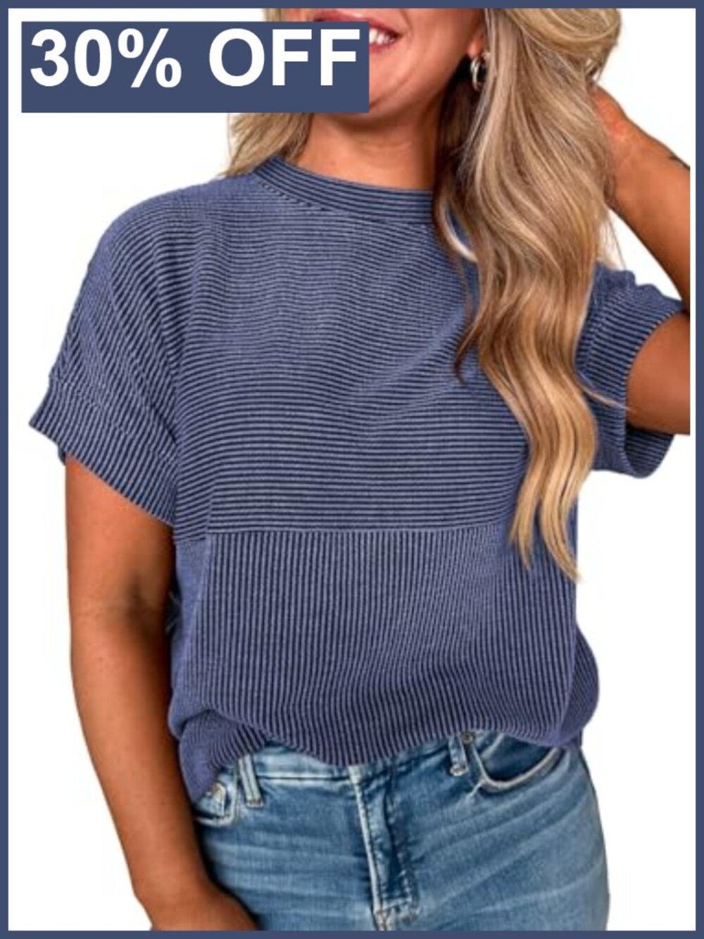 Womens Ribbed Striped Short Sleeve T-Shirt Crewneck Loose Fit Casual Top